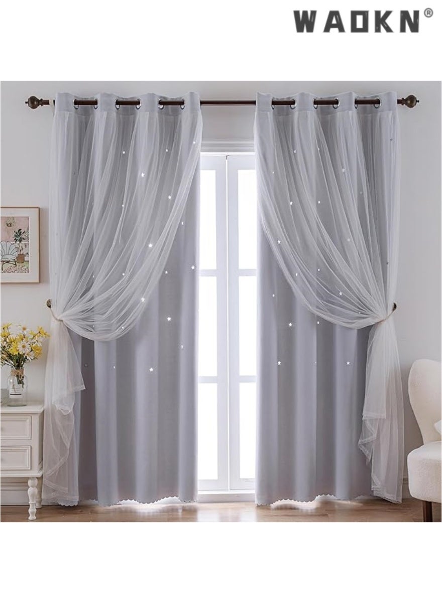 WAOKN indistar Star Curtains for Bedroom Star Hollow Out Blackout Curtains for Kids Room Double Layer Star Cut Out Window Decor(1 Panel, 52W x 63L inch,Grey)